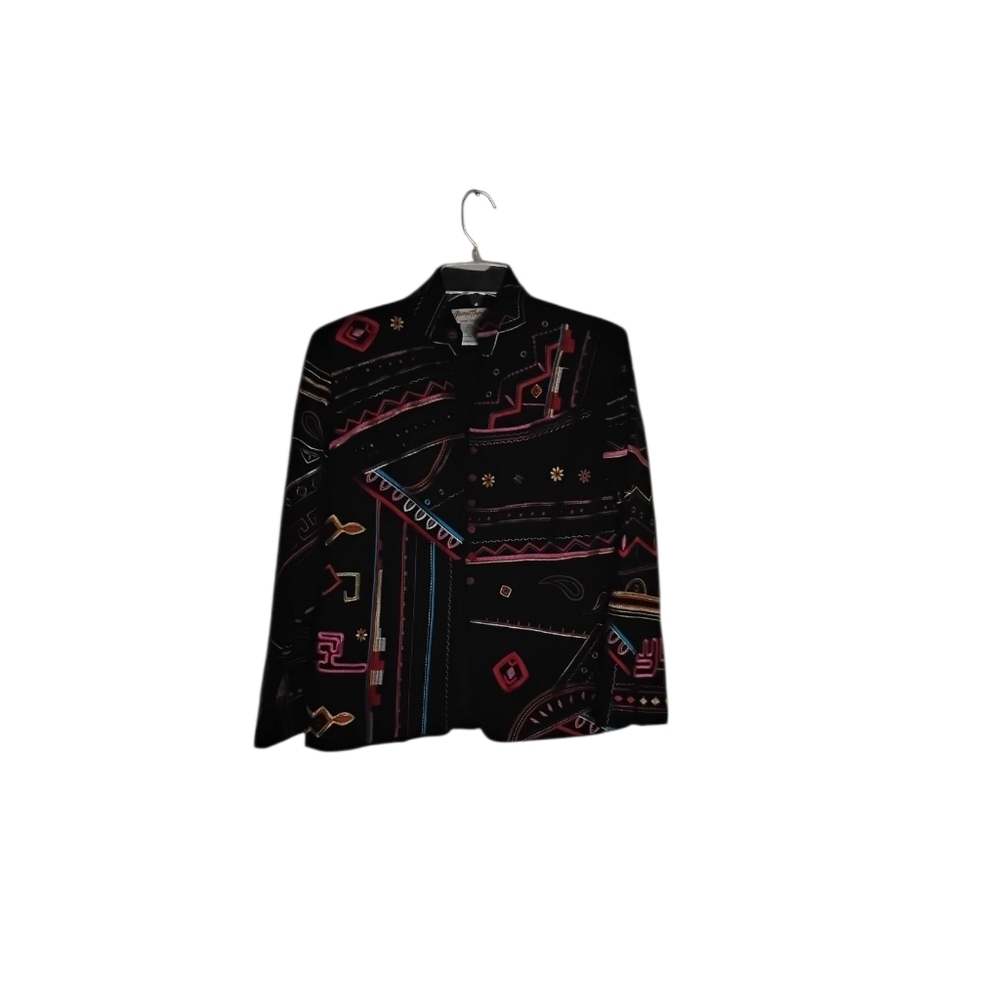Norm Thompson Women's S Colorful Embroidered Button Black Silk Blend Jacket